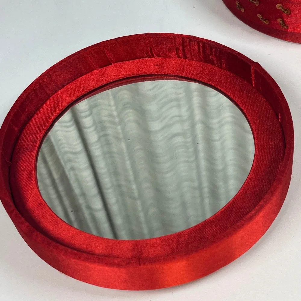 Jewelry Box Red Women Beaded Satin Round Mirror Cross 6.25 in DIA x 2.75 in H